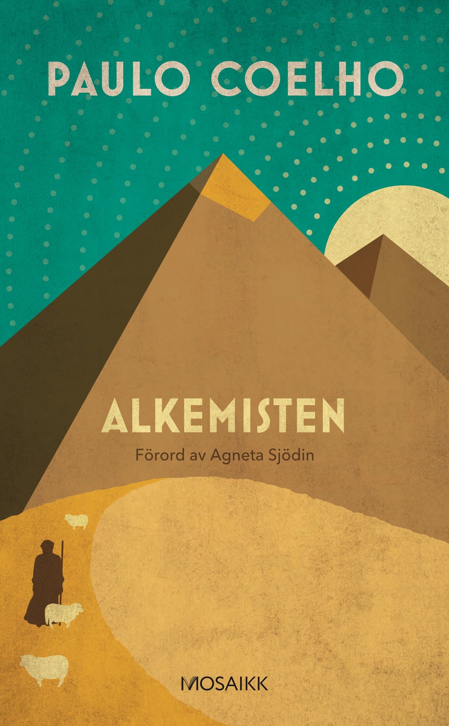 Omslaget till Alkemisten: pyramider under stjärnhimmel och en herde med får i öknen.